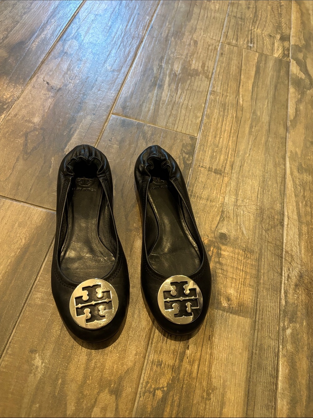 Tory Burch Black Reva Ballet Flats with Silver Logo Medallion
